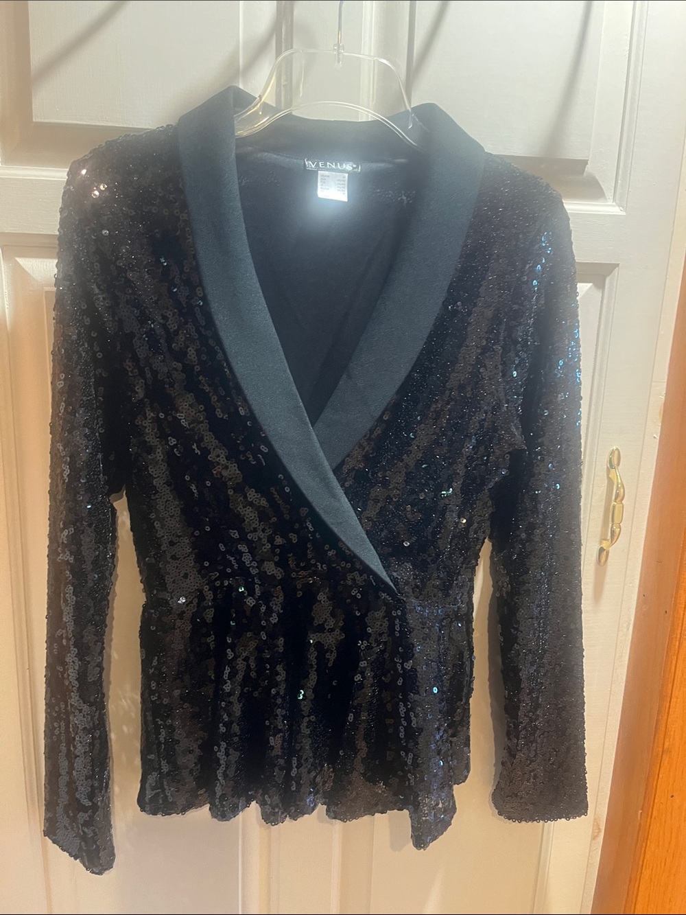 VENUS Black Sequin Blazer with Satin Shawl Collar